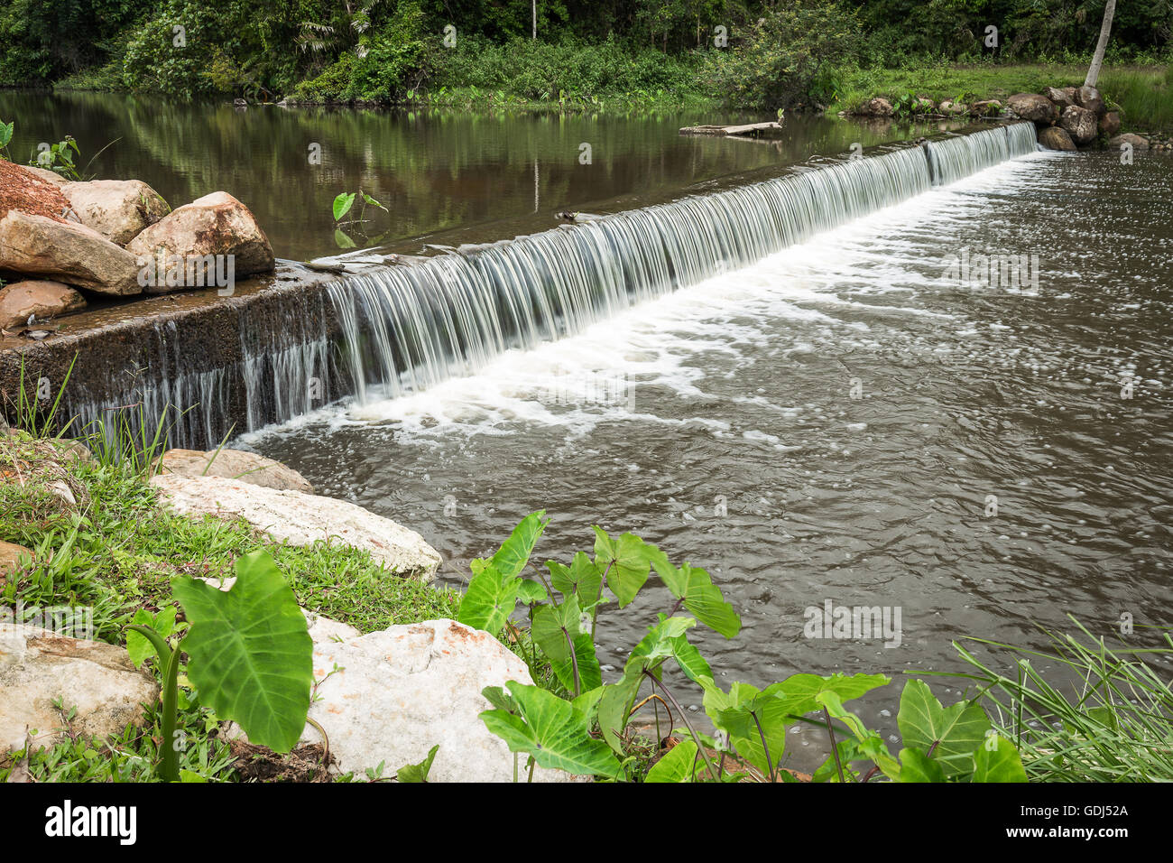 Piccolo e Grande Cascata con spostamento acqua marrone fluente che circondano da rocce di pietra, boccola e albero nella foresta tropicale. Foto Stock