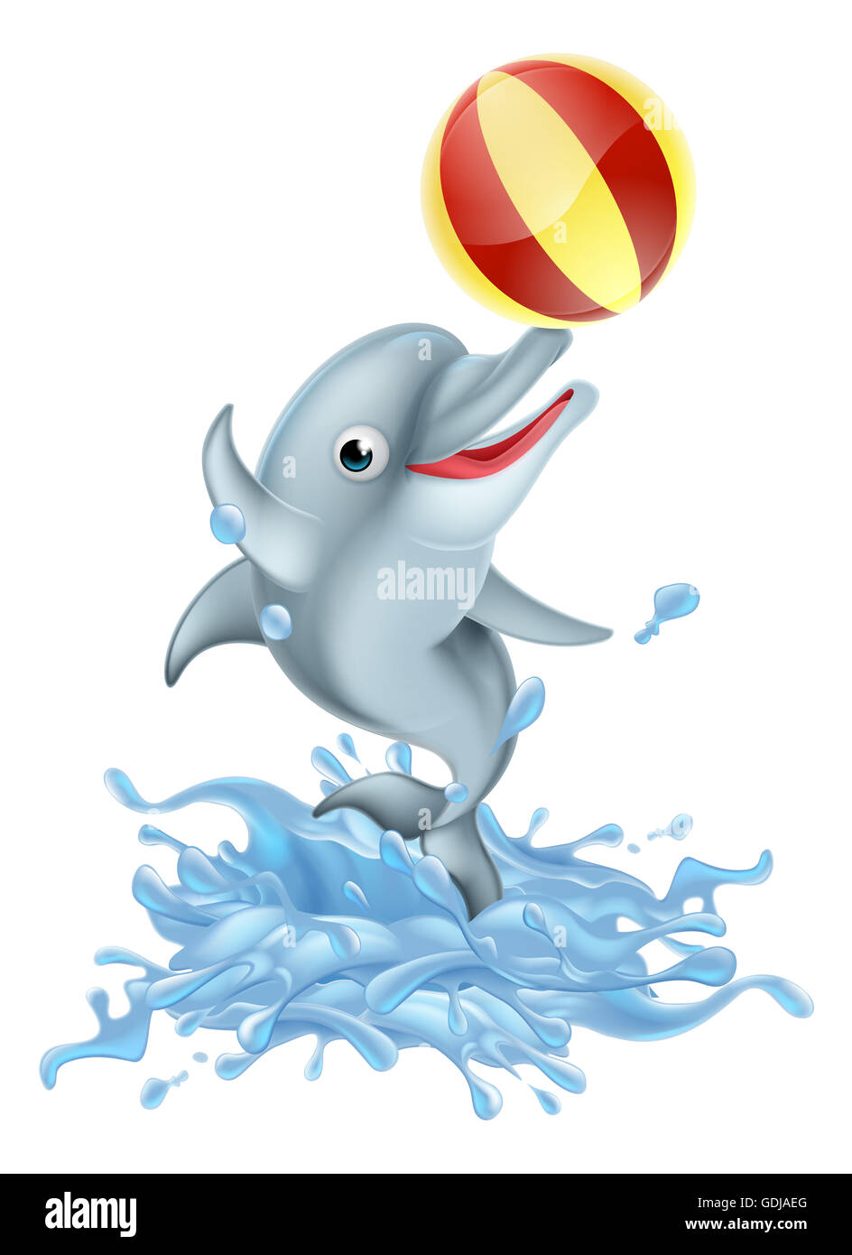 Un felice cartoon delfino giocare con un pallone gonfiabile schizzi fuori dall'acqua Foto Stock