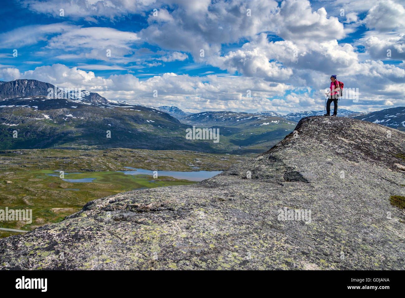 Femmina solitaria walker escursionista in rosso nelle montagne selvagge, Narvik, Arctic Norvegia Foto Stock