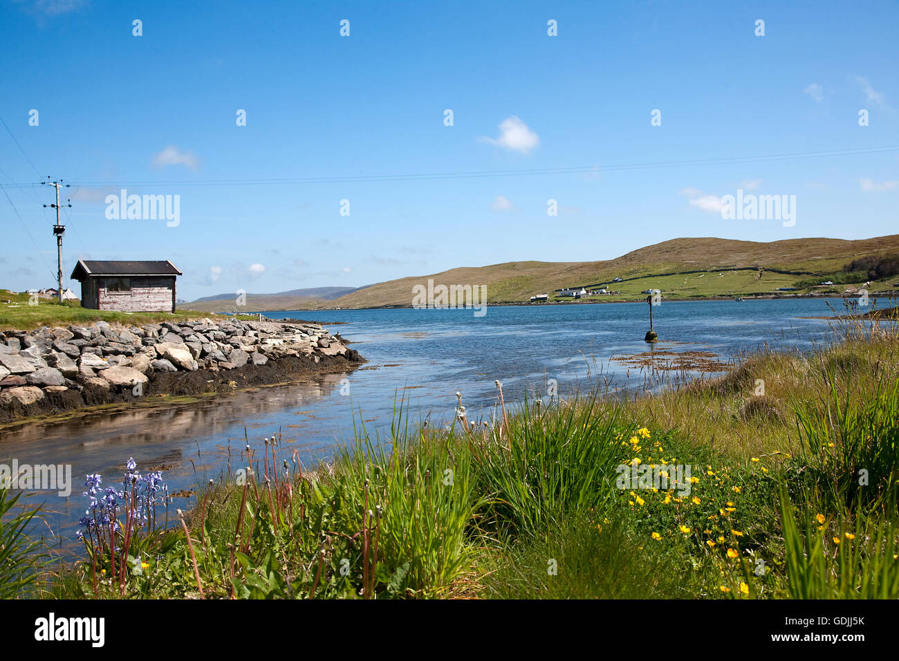 Vista di Lang suono dal Bridge End marina, West Burra, Continentale, Shetland, Scotland, Regno Unito Foto Stock