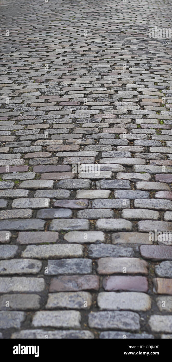 Vecchio stile Europeo tradizionale lunga e stretta strada acciottolata sfondo con blocchi di granito, pietre e mattoni pattern Foto Stock