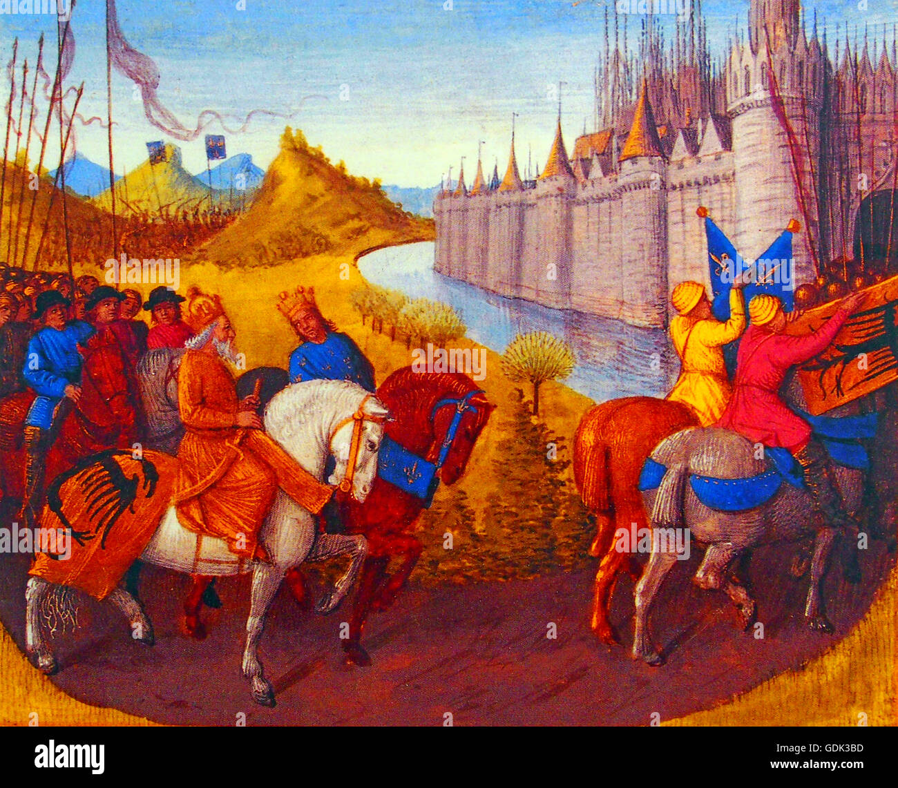 Crociati arrivando a Costantinopoli, Grandes Chroniques de France (1455-1460) Jean Fouquet Jean (o Jehan) Fouquet (1420-1481) era un eminente pittore francese del XV secolo. Foto Stock