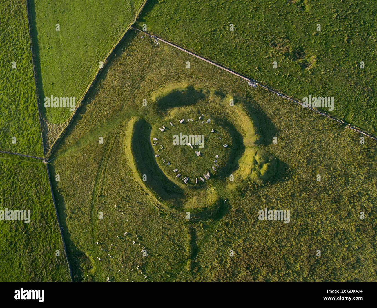 Vista aerea di Arbor neolitico bassa stone circle, Peak District, Derbyshire Foto Stock