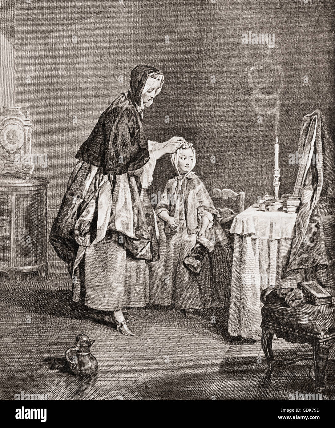 La unità organizzativa Negligé Toilette du Matin, dopo la pittura di Jean Siméon Chardin. Dal conoscitore illustrato, publushed 1916. Foto Stock