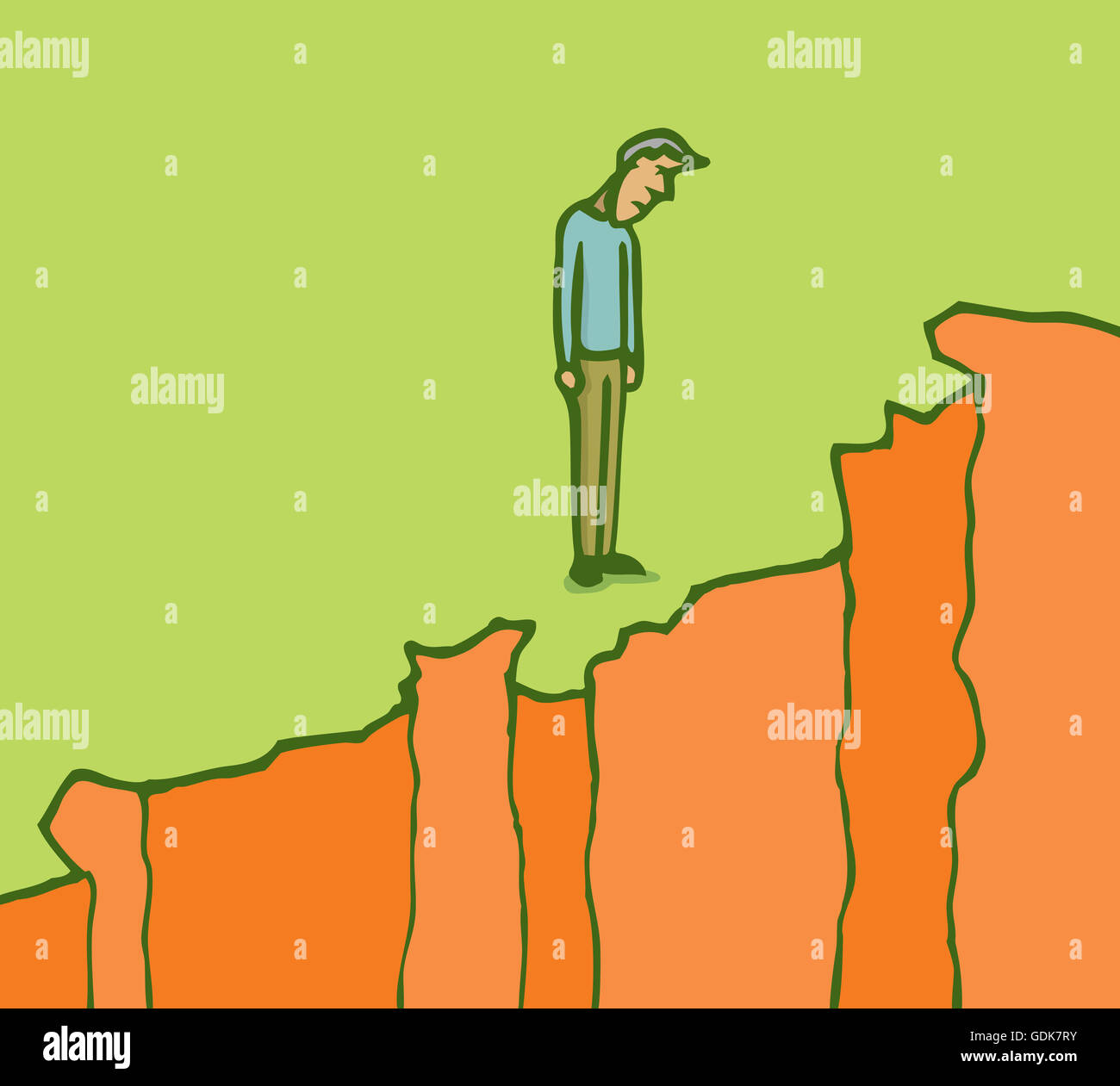 Cartoon illustrazione di pensieroso uomo che guarda in basso sul bordo di una scogliera Foto Stock