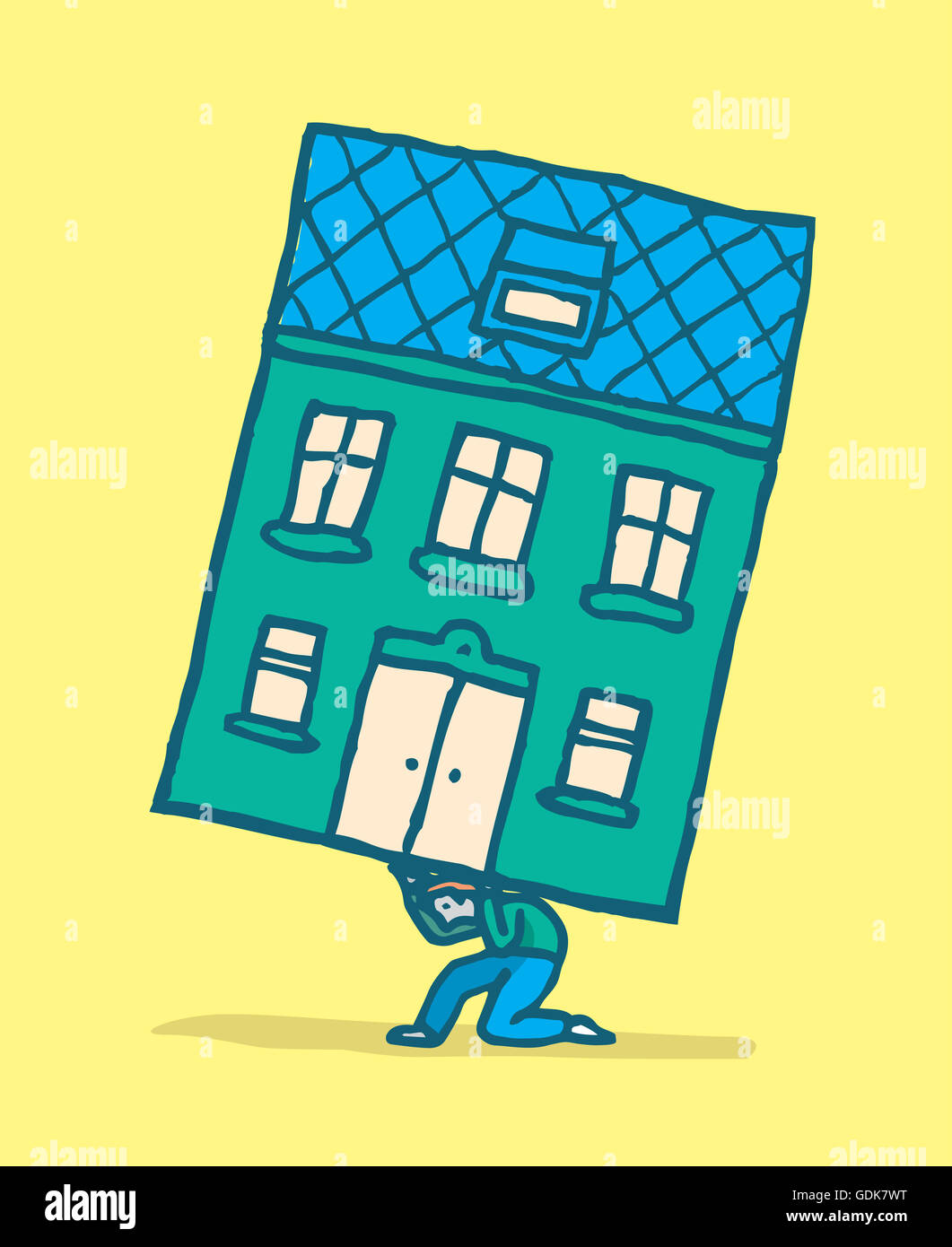 Cartoon illustrazione dell uomo che si muove la sua casa portando esso sulla sua schiena Foto Stock