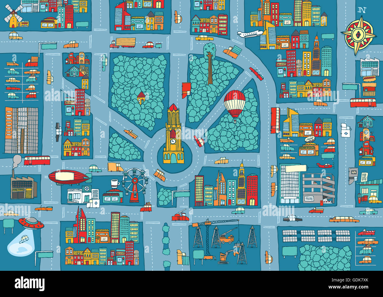 Cartoon illustrazione frenetica città piena di automobili ed edifici Foto Stock