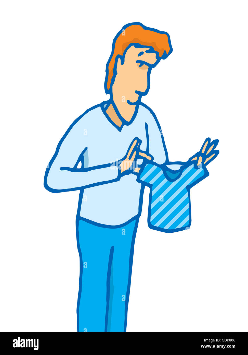 Cartoon illustrazione di un uomo con un minuscolo accartocciati o di piccole dimensioni t-shirt Foto Stock