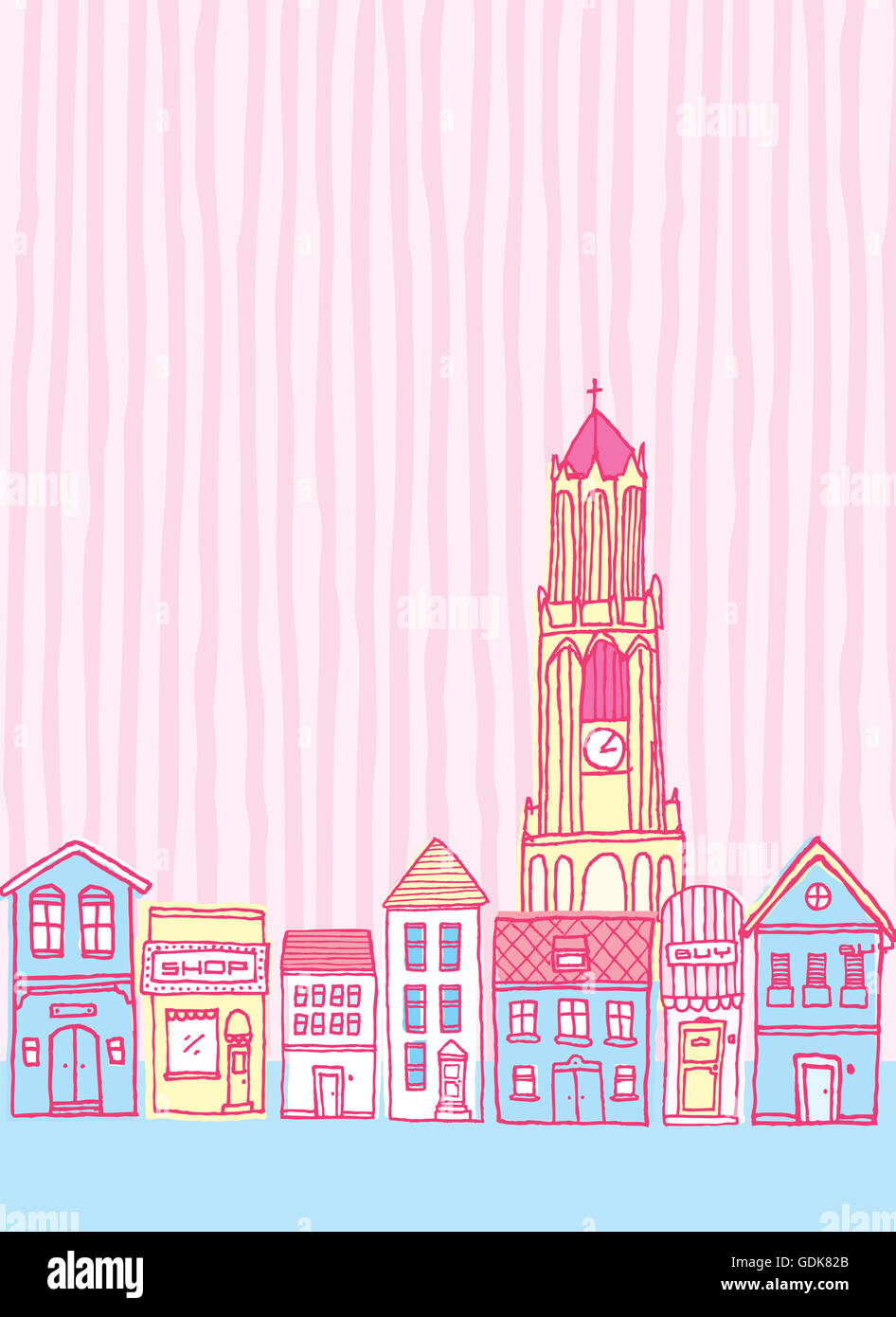 Cartoon illustrazione di un simpatico colorata città vintage con torre dell'orologio Foto Stock