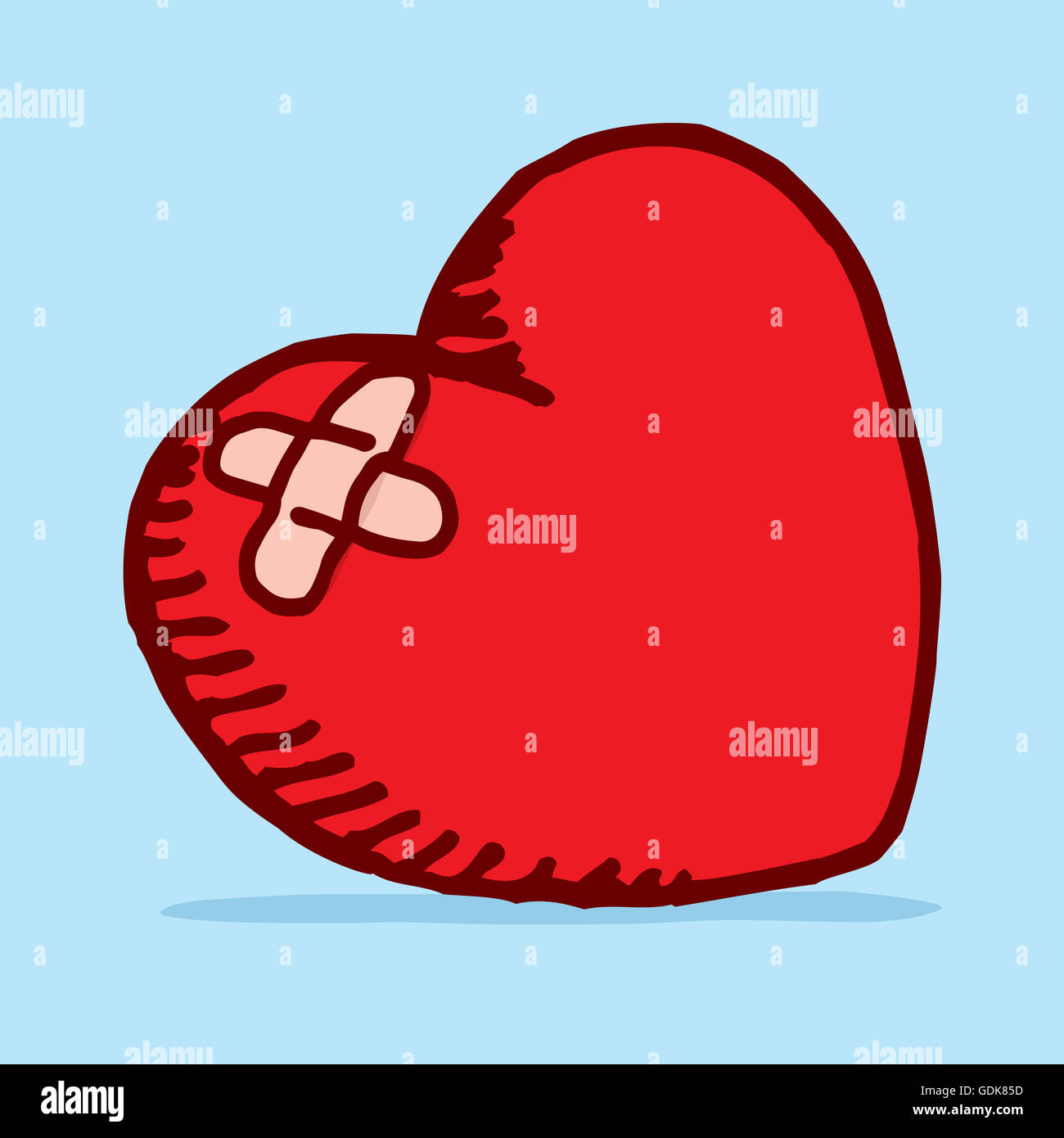 Cartoon illustrazione di un cuore rompere patchato con bendaggio adesivo indurimento amore perduto Foto Stock