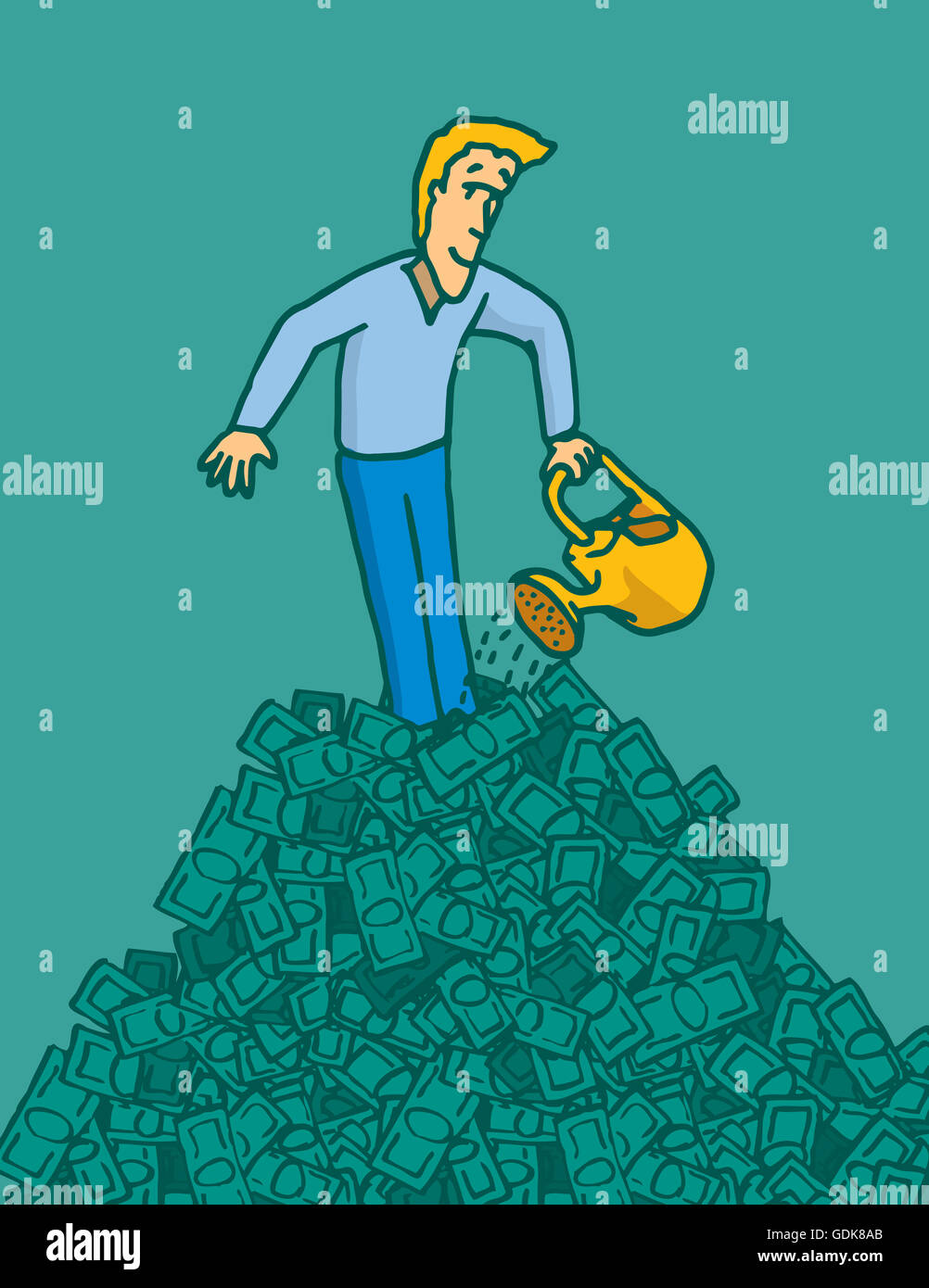 Cartoon illustrazione di un uomo abbeveraggio un enorme mucchio di denaro Foto Stock