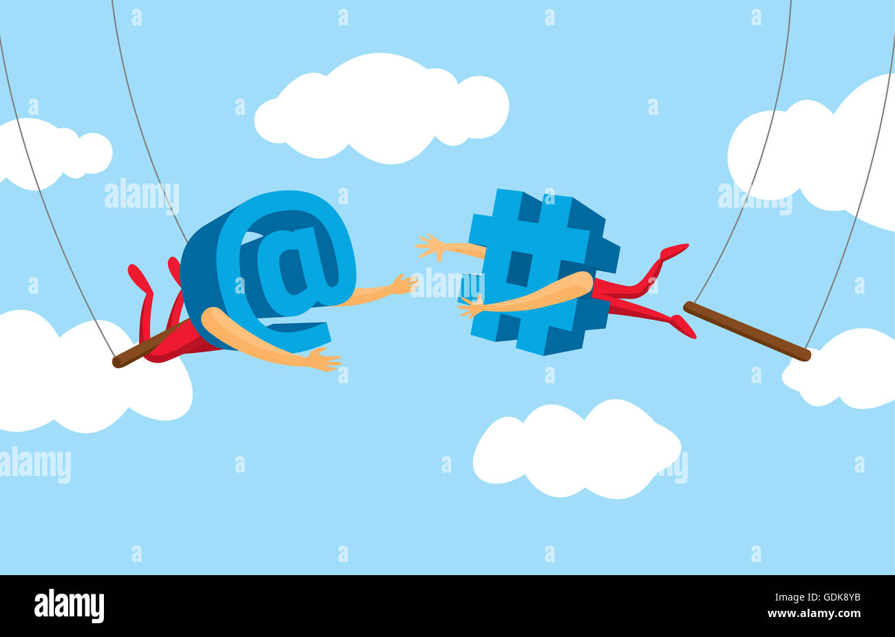 Cartoon illustrazione di un lavoro di squadra tra i social media icona sul flying trapeze Foto Stock