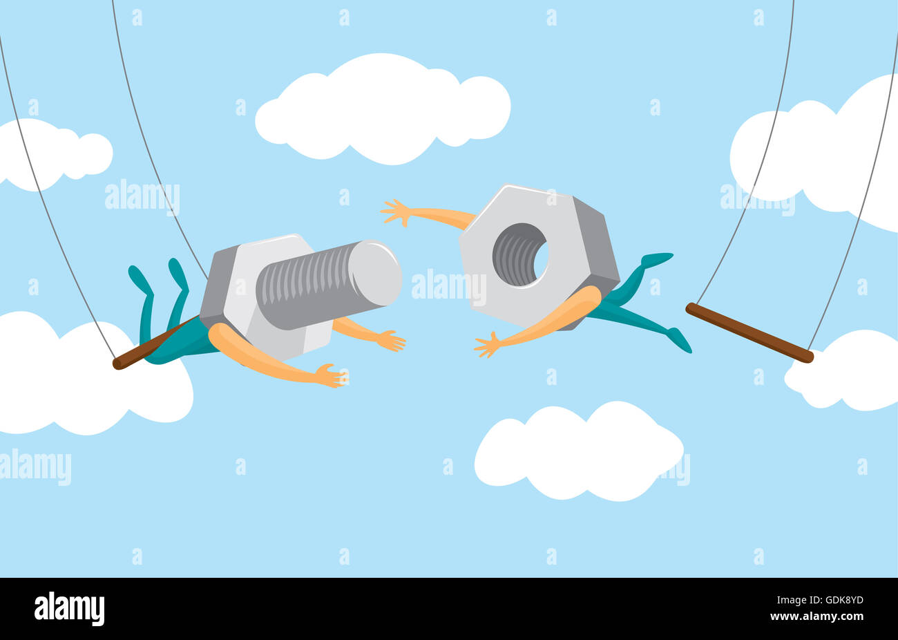 Cartoon illustrazione di un lavoro di squadra tra il dado e la vite sul flying trapeze Foto Stock