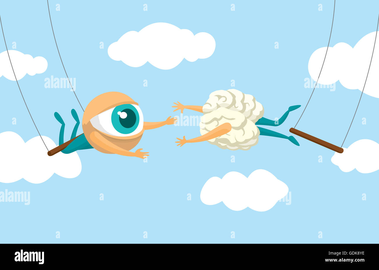 Cartoon illustrazione di un lavoro di squadra tra occhio e cervello su flying trapeze Foto Stock