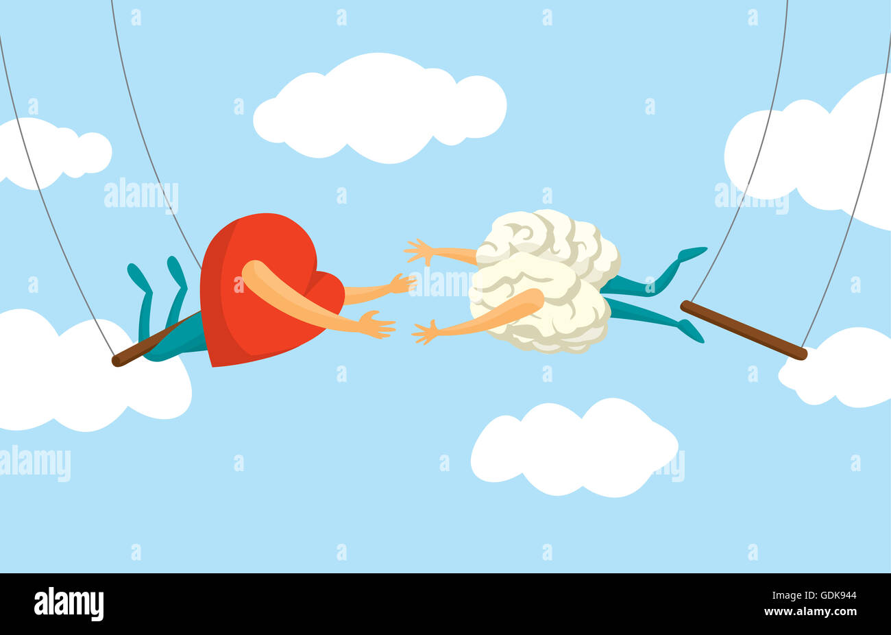 Cartoon illustrazione di un lavoro di squadra tra il cuore ed il cervello sul flying trapeze Foto Stock
