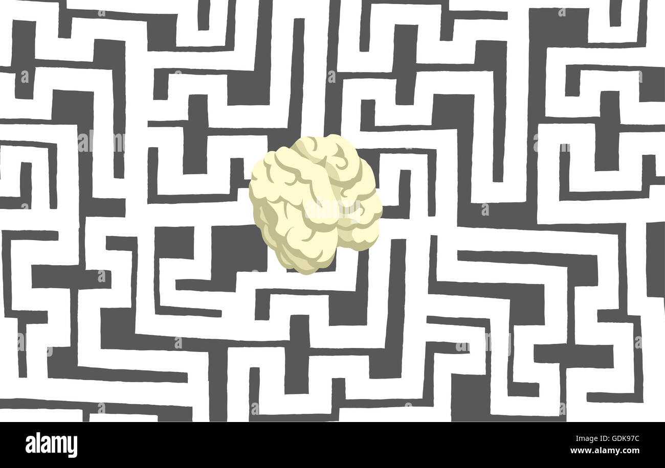 Cartoon illustrazione del cervello nascosto su complessi meandri o labirinto Foto Stock