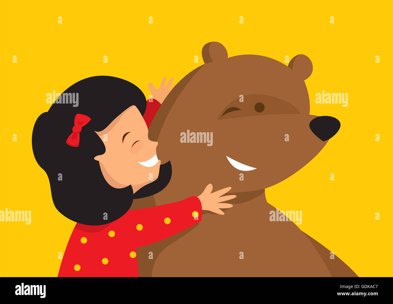 Cartoon illustrazione della ragazza dolce abbracciando un enorme orso Foto Stock