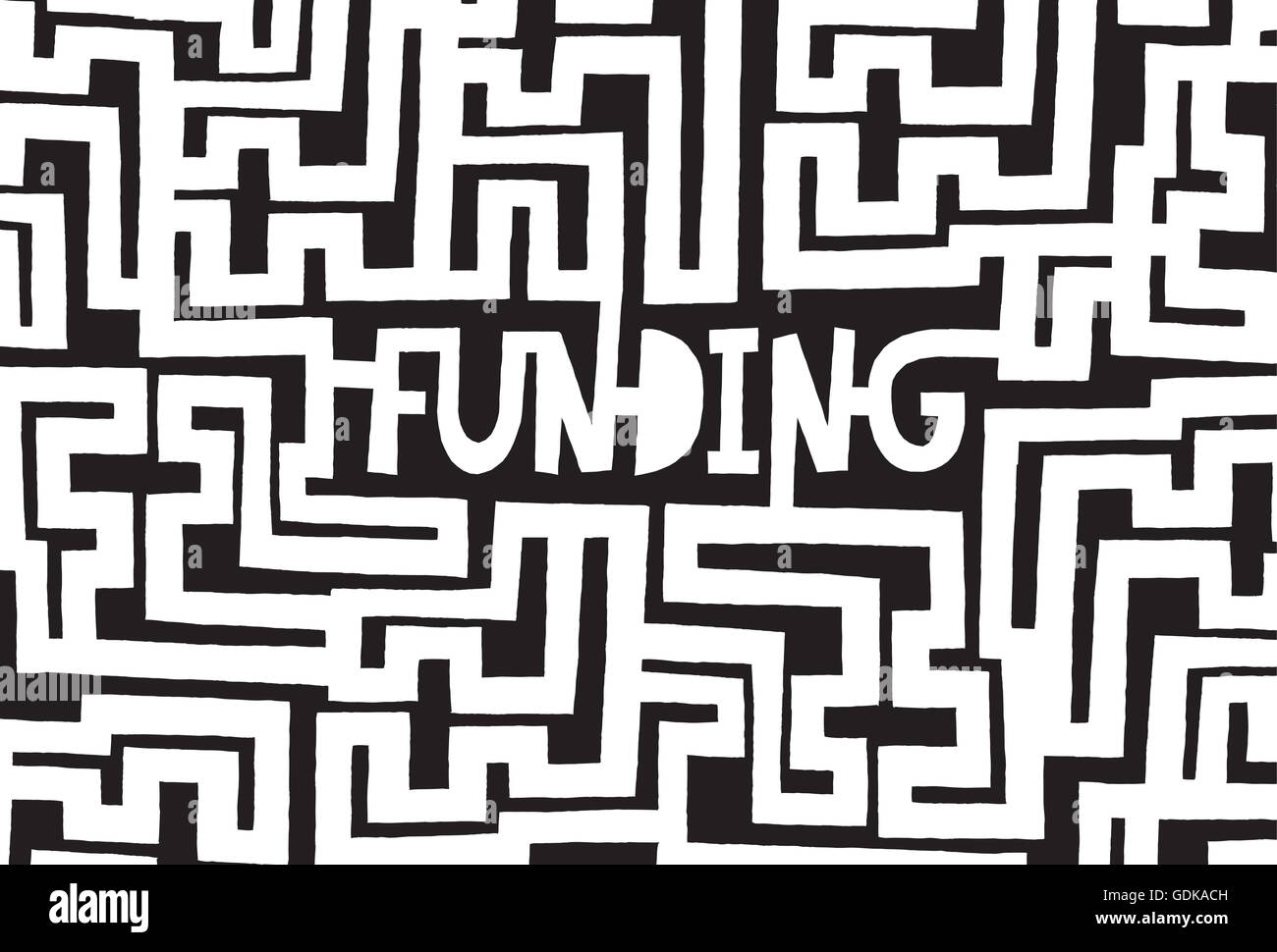 Cartoon illustrazione della complessa parola di finanziamento sul labirinto Foto Stock