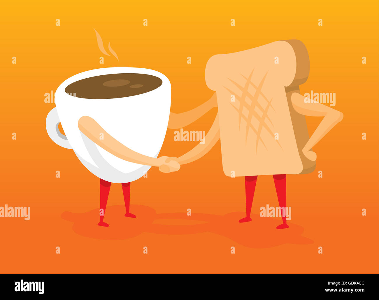 Cartoon illustrazione di caffè e toast amici stringono le mani Foto Stock