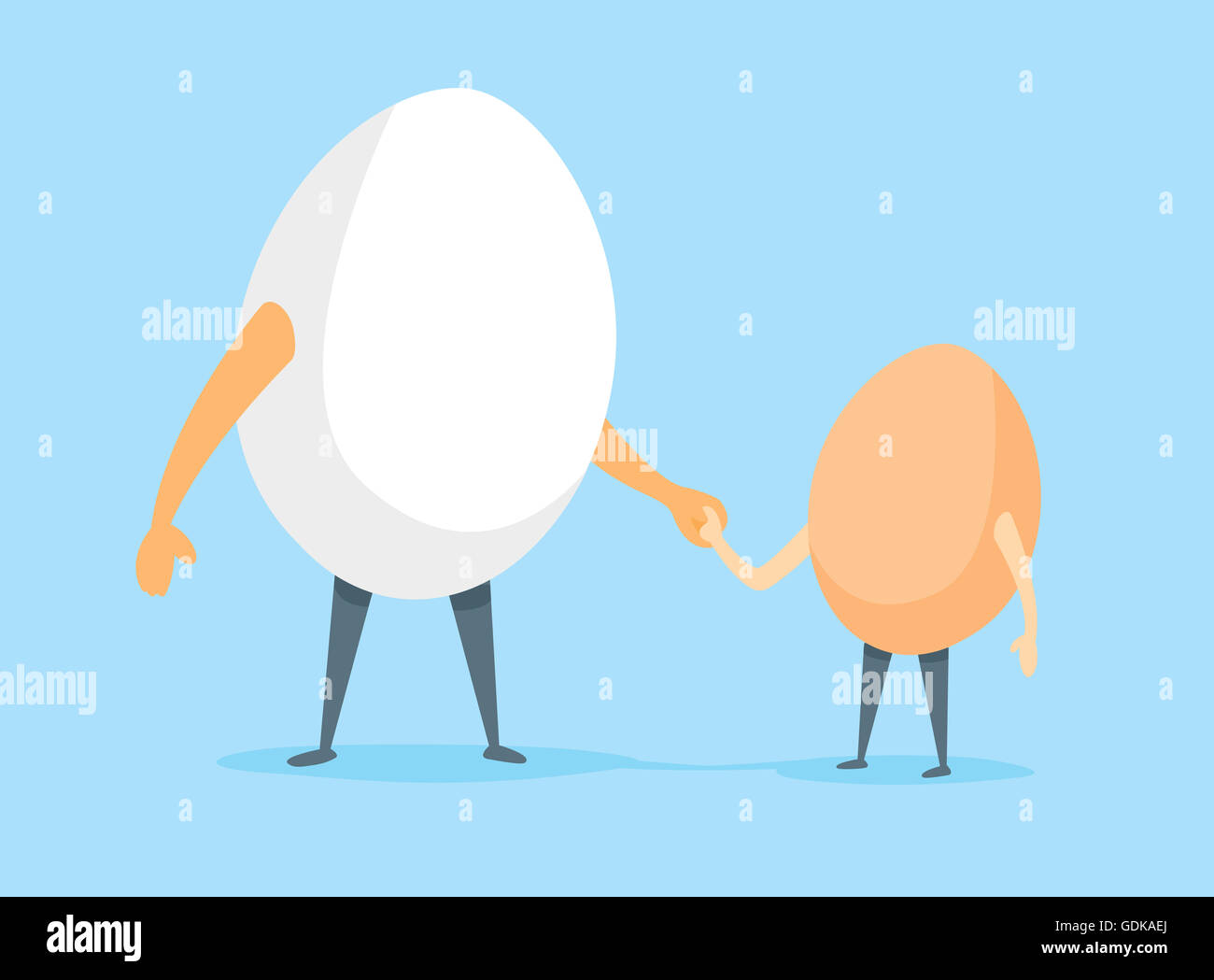 Illustrazione del fumetto di uovo padre e figlio tenendo le mani Foto Stock