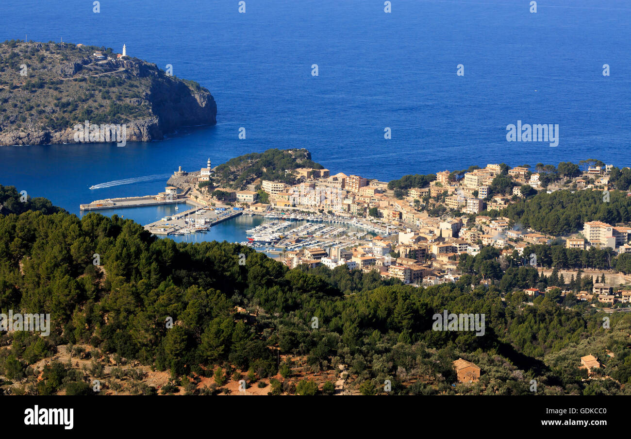 Port de Sóller, vista dal Mirador ses Barques, Maiorca, isole Baleari, Mare mediterraneo, Spagna Foto Stock