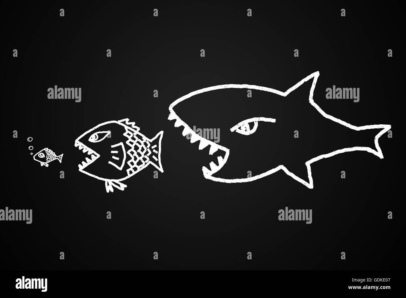 Grande mangia il pesce piccolo immagine concettuale fatta con disegnato a mano. Foto Stock