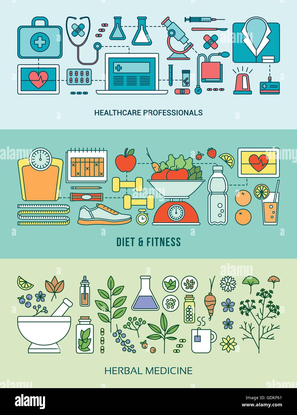 Set di Banner su salute, prevenzione, dieta, fitness, nutrizione a base di erbe e medicina alternativa Illustrazione Vettoriale