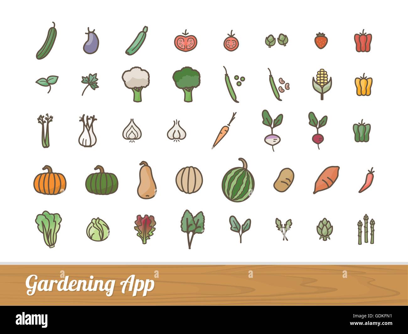 Il giardinaggio e agricoltura verdure app delineato set di icone Illustrazione Vettoriale