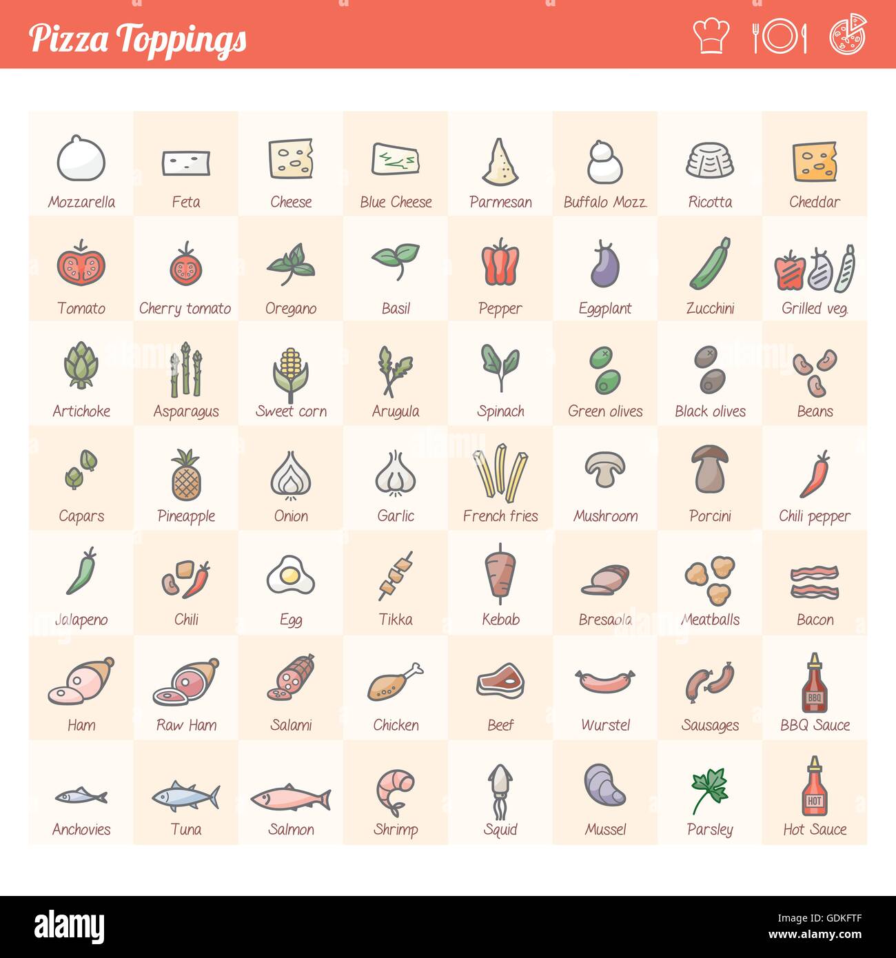 Pizza tradizionale condimenti vari set di icone per diverse ricette Illustrazione Vettoriale