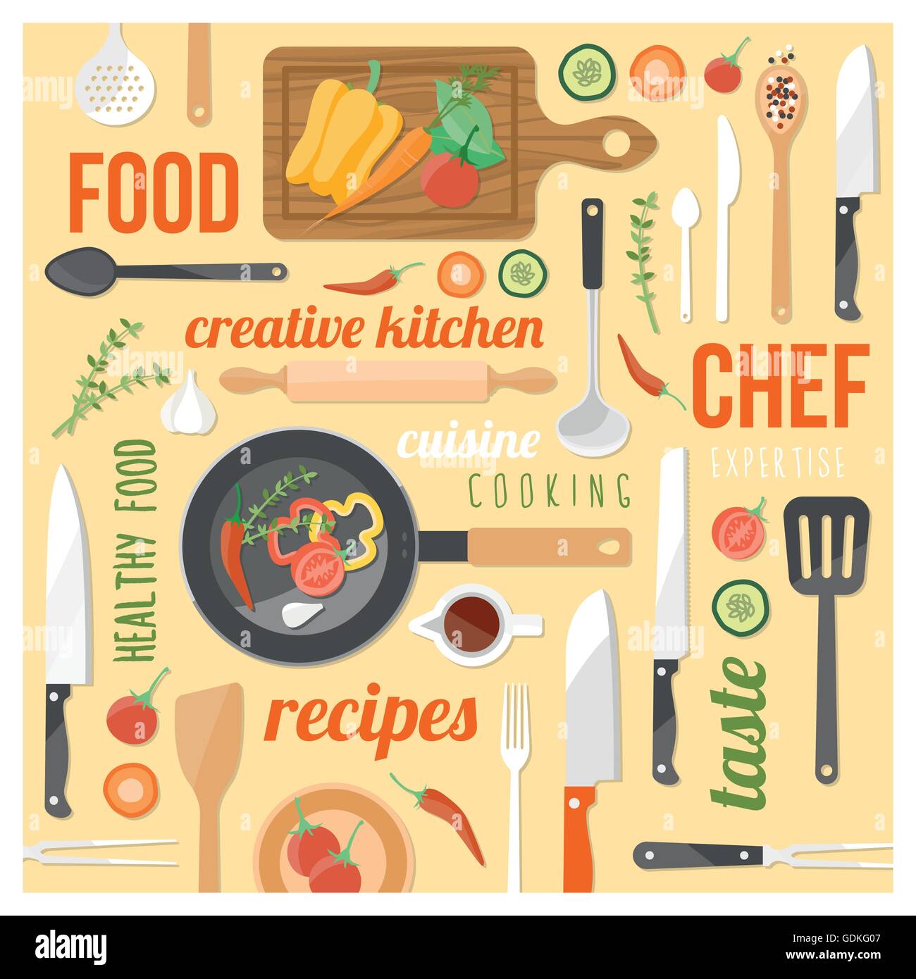 Cucina creativa con uno sfondo con utensili da cucina, degli ingredienti alimentari e parole su uno sfondo giallo in una cornice quadrata Illustrazione Vettoriale