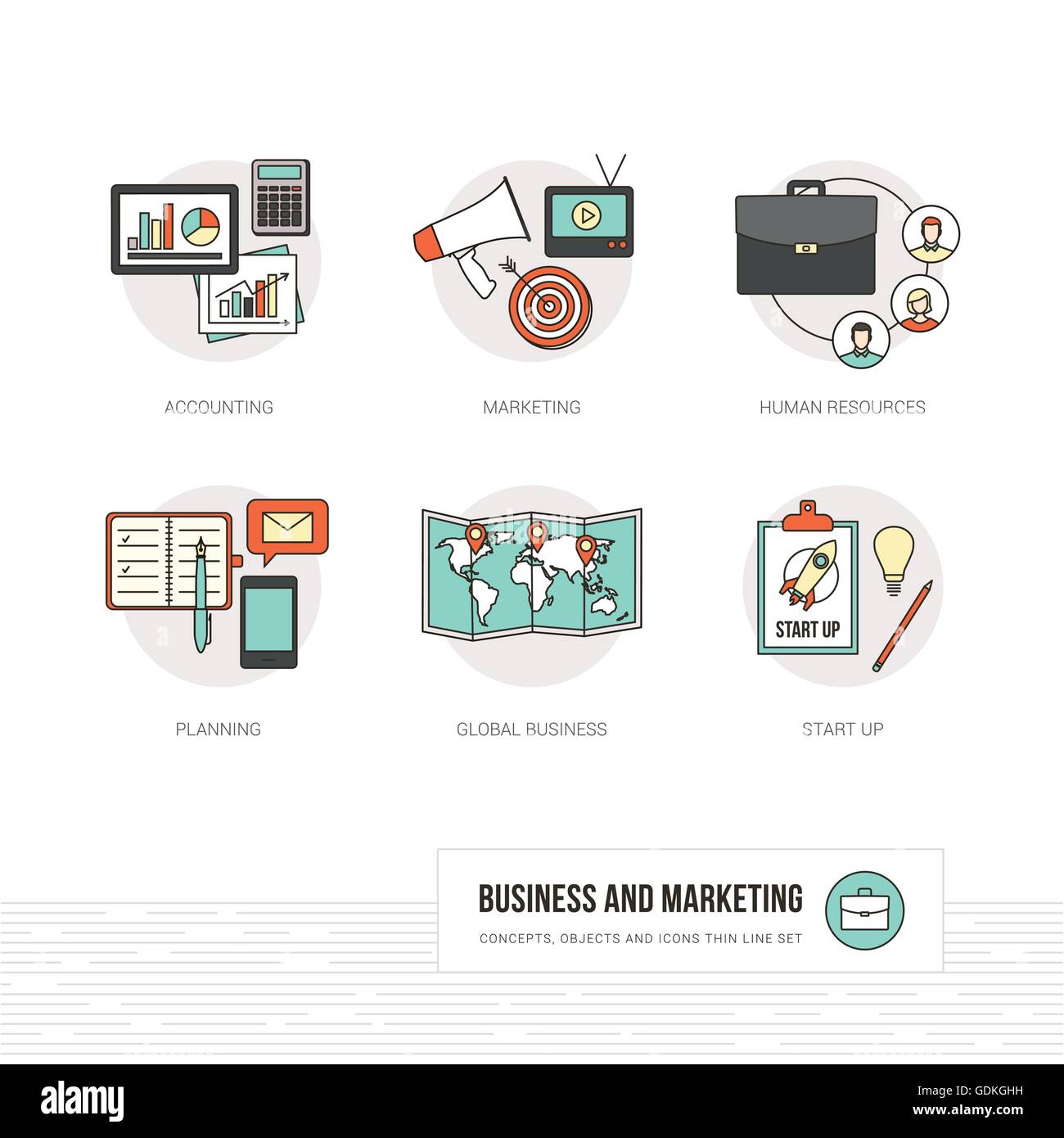 Business, di marketing e pubblicità concetti, sottile linea di oggetti e set di icone Illustrazione Vettoriale