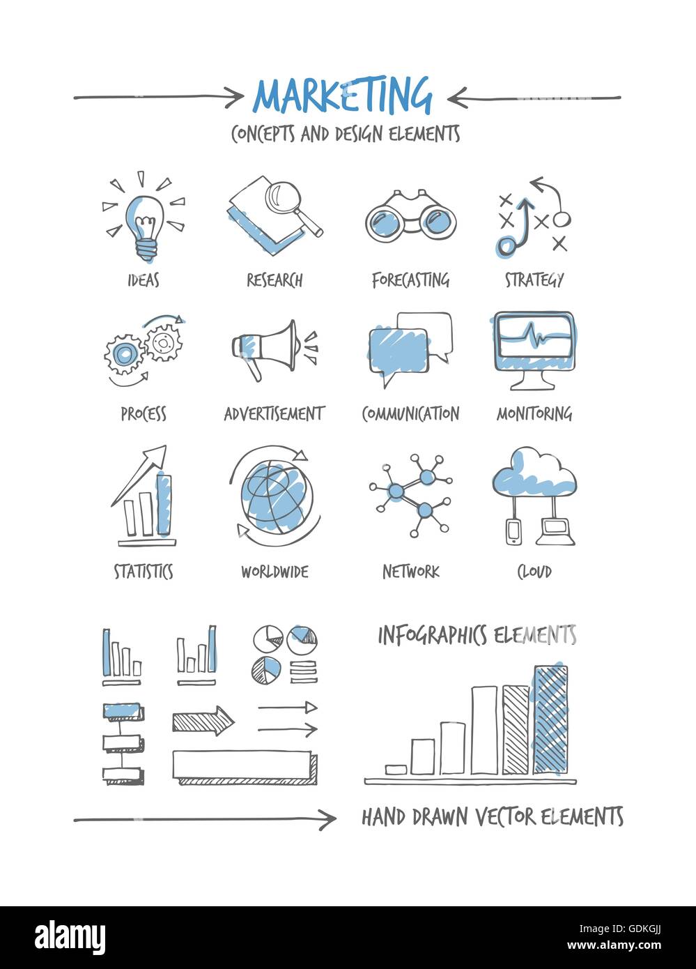 Marketing e business disegnati a mano i concetti e le icone Illustrazione Vettoriale