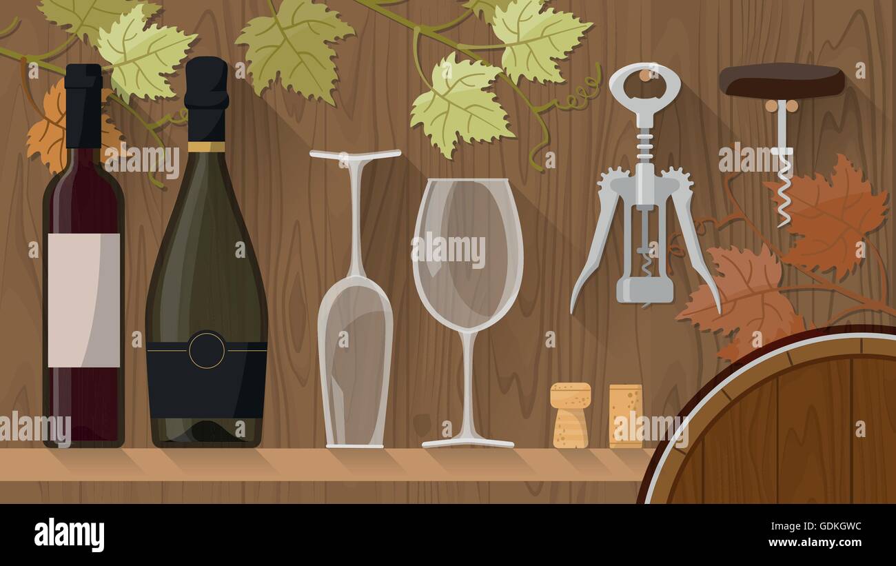 Le bottiglie di vino, bicchieri da vino e cavatappi su un ripiano con pareti in legno su sfondo Illustrazione Vettoriale