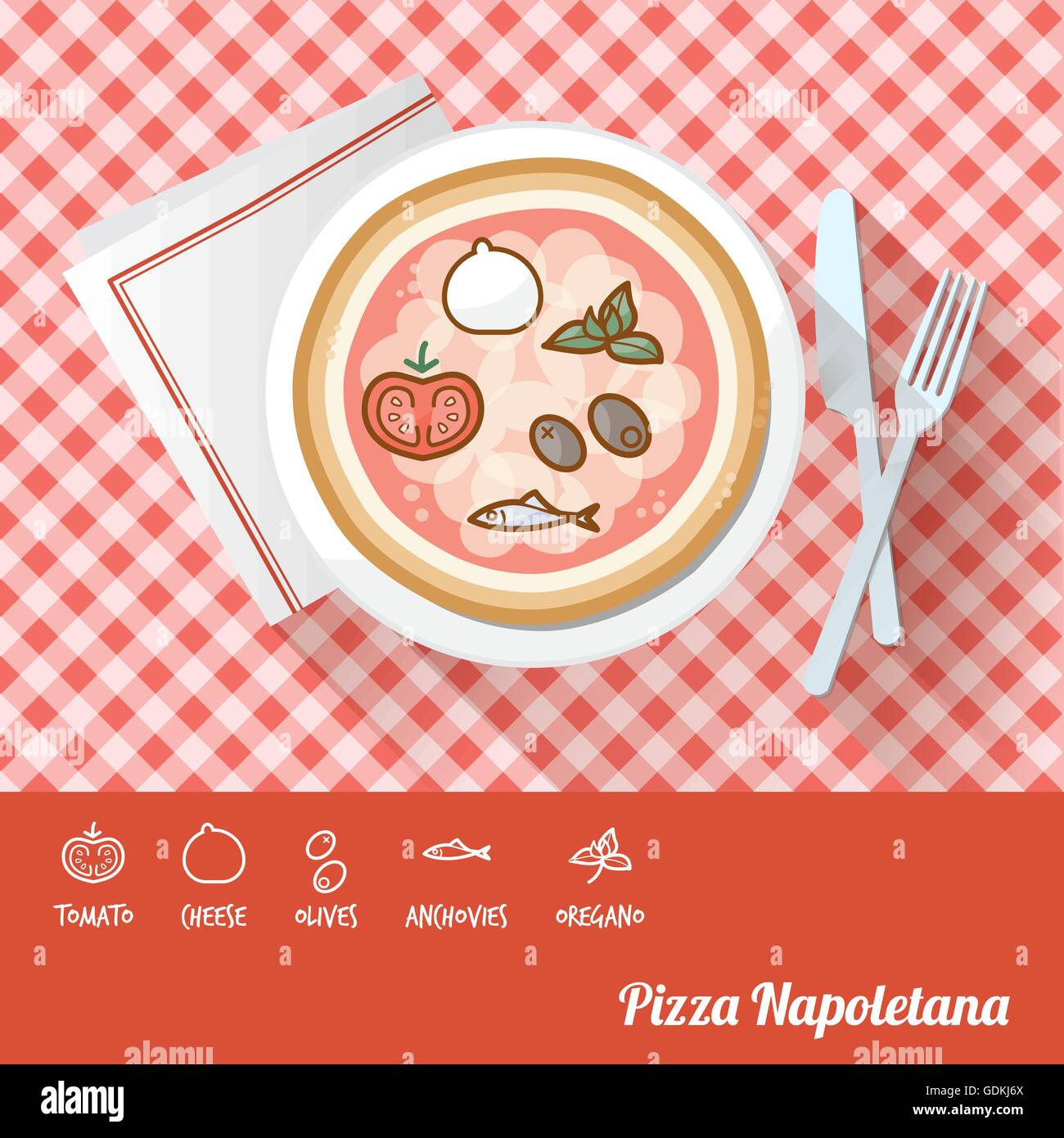 Pizza Napoletana su un piatto con ingredienti icona e nome ricetta in basso Illustrazione Vettoriale