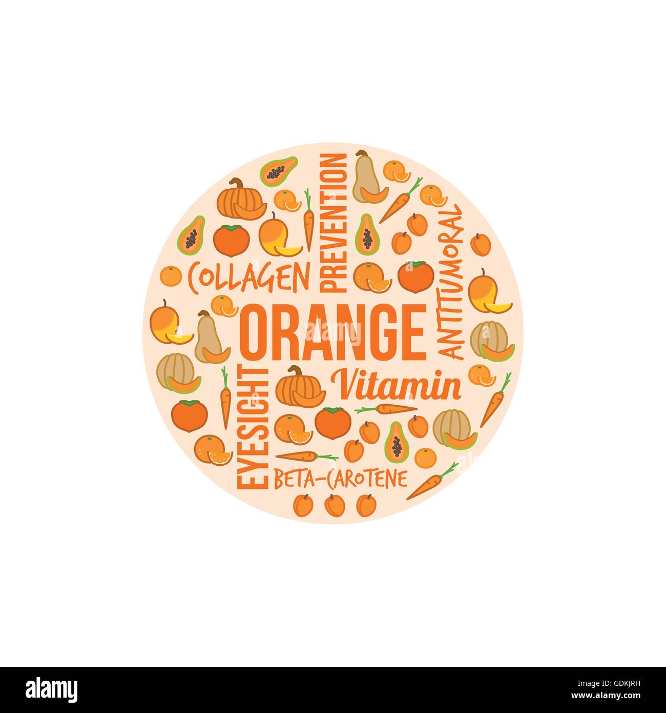 Arancione di frutta e verdura con concetti di testo in una forma circolare, dieta e concetto di nutrizione Illustrazione Vettoriale