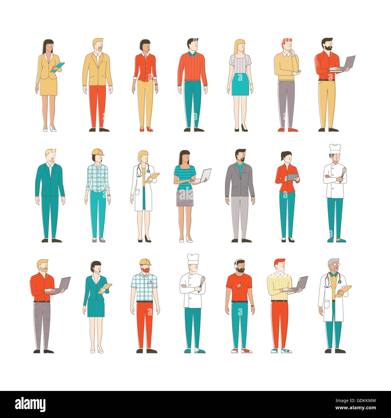 Sottile linea maschile e femminile caratteri su sfondo bianco, uomini di affari e per i lavoratori Illustrazione Vettoriale