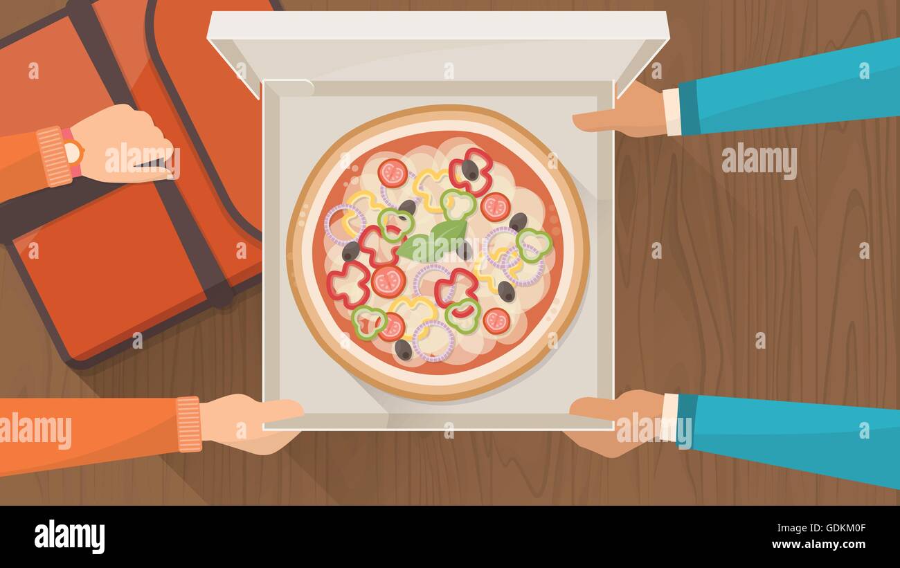 Servizio di consegna pizza a casa con delivery guy hading una scatola con la pizza a un cliente e tenendo un sacco di pizza, mani vista superiore Illustrazione Vettoriale