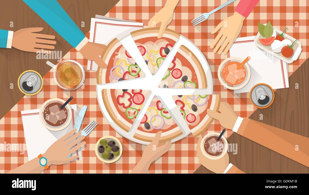 Le persone aventi la cena insieme e condividendo una grande pizza con bevande, mani vista superiore Illustrazione Vettoriale