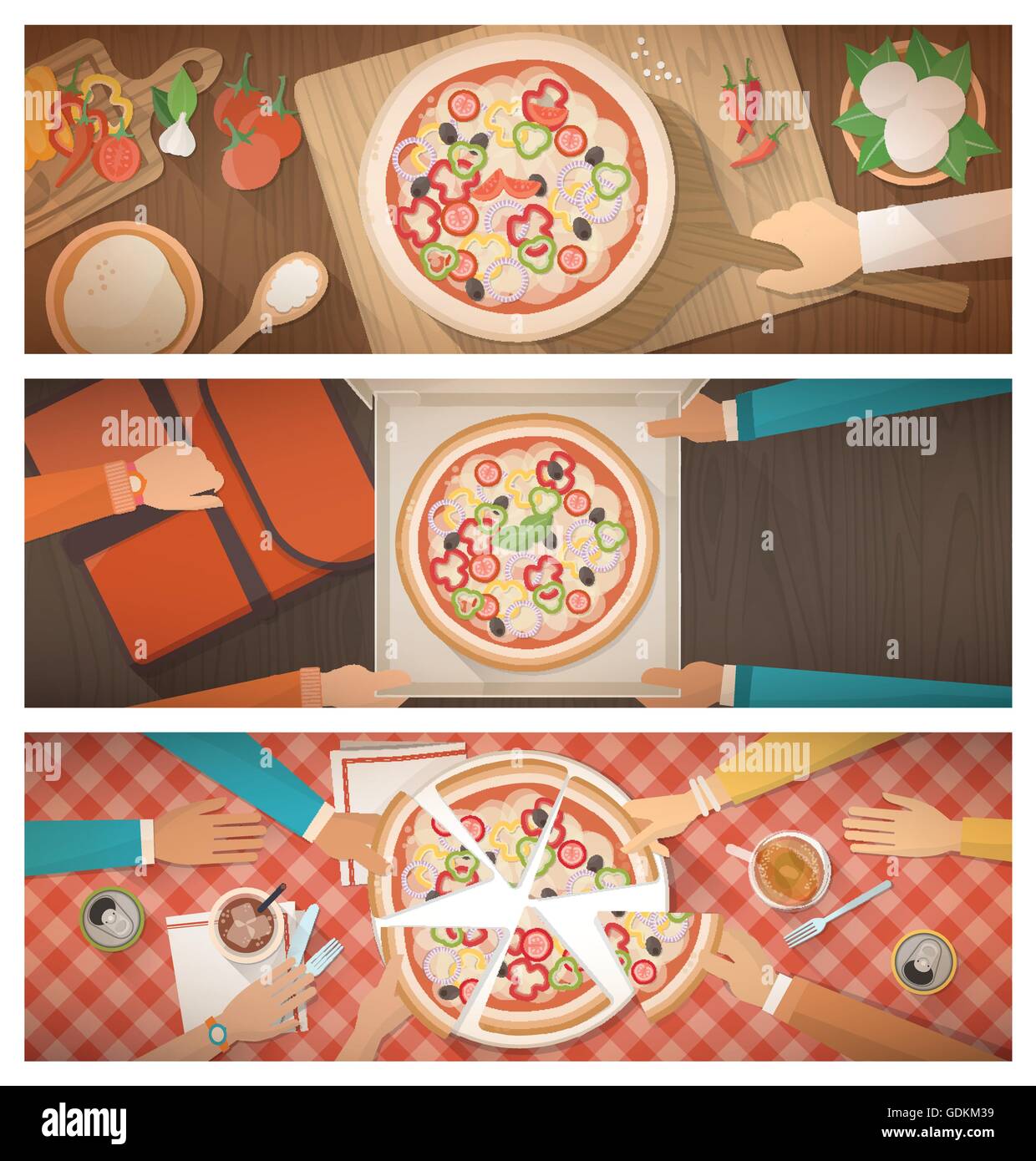 La cottura della pizza al ristorante, la consegna a domicilio e mangiare insieme a casa, banner impostato Illustrazione Vettoriale