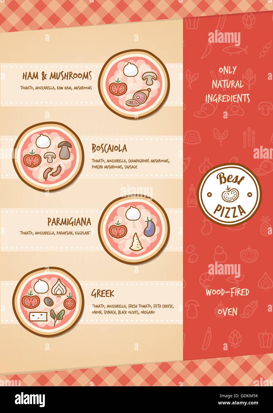 Menu Pizza con diversi condimenti e sapori Illustrazione Vettoriale