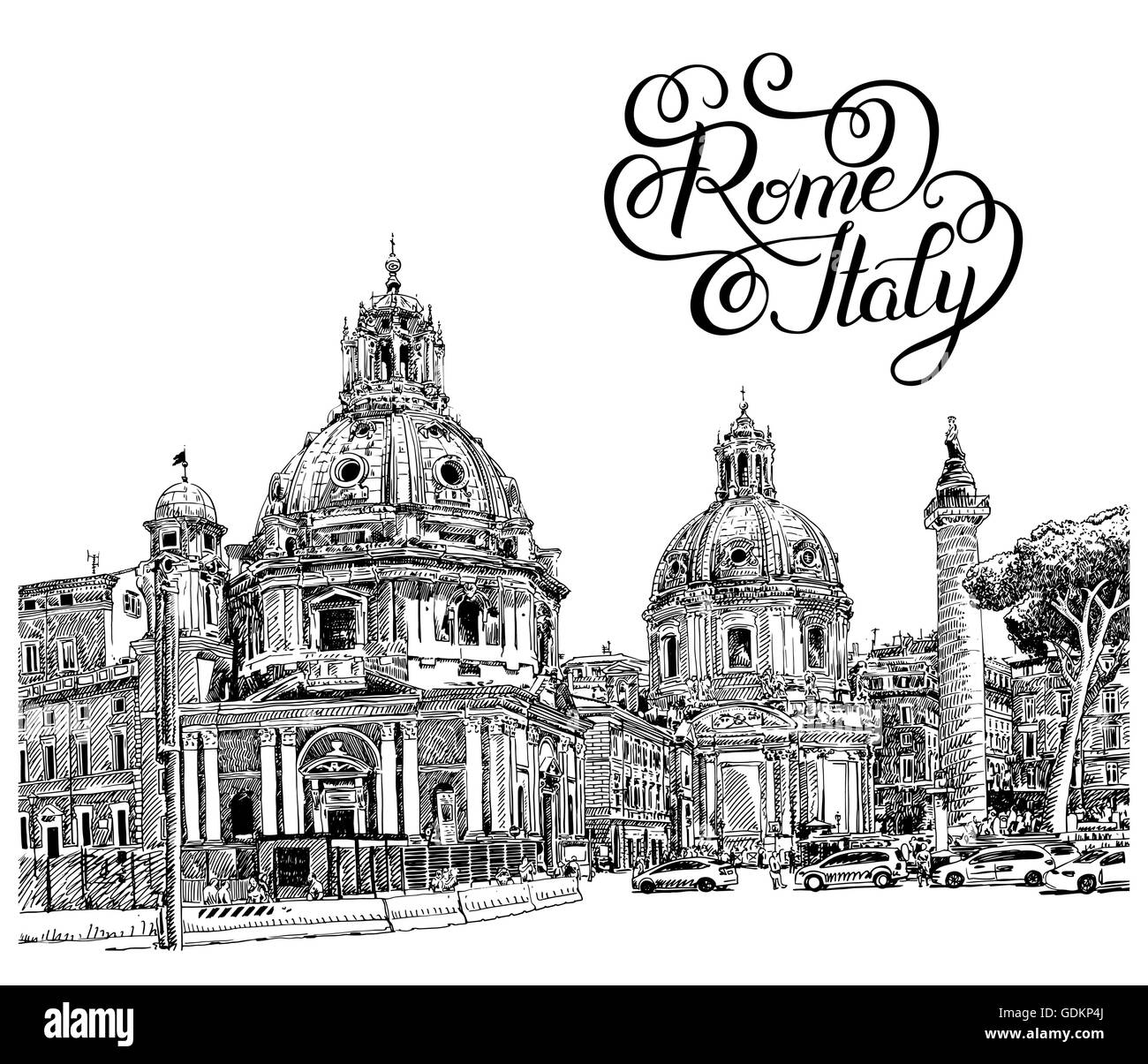 Bianco e nero disegno digitale di Roma Italia cityscape con han Illustrazione Vettoriale