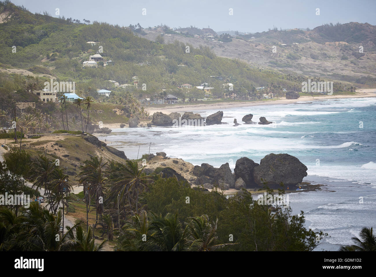 Le Piccole Antille Barbados parrocchia Saint Michael west indies capitale Bridgetown Barbados spiaggia di sabbia dorata con grande pietra ro Foto Stock