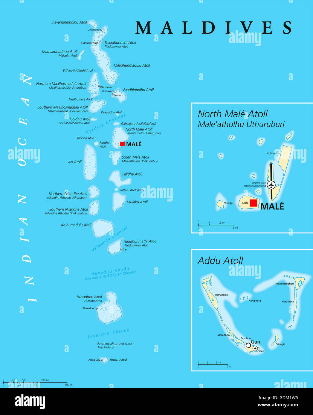Maldive mappa politico con capitale a maschio per Kings Island e importanti  città. Repubblica e isola nell'Oceano Indiano Foto stock - Alamy