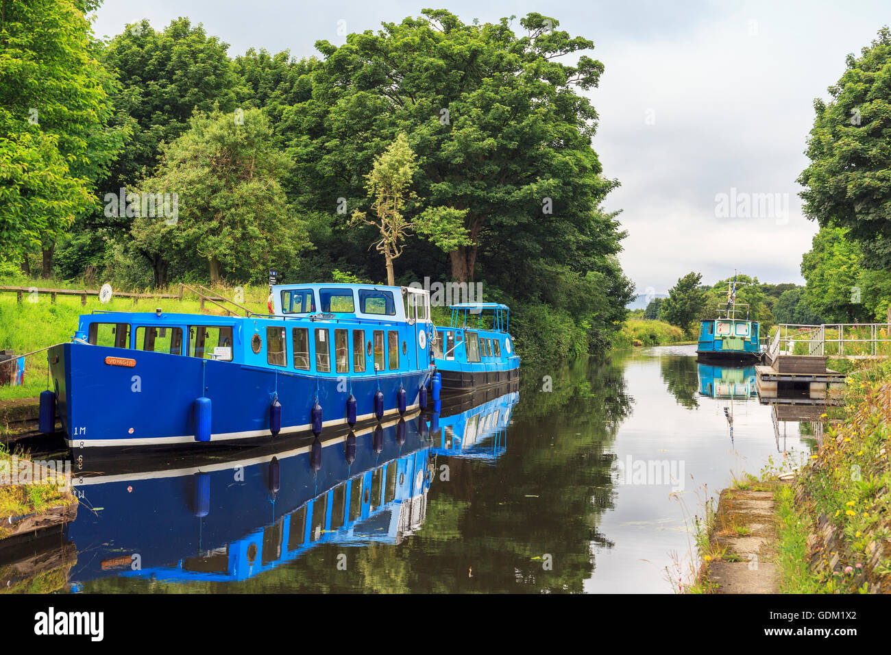 Chiatte sul canale di Forth e Clyde vicino Kirkintilloch, Glasgow, Scotland, Regno Unito Foto Stock