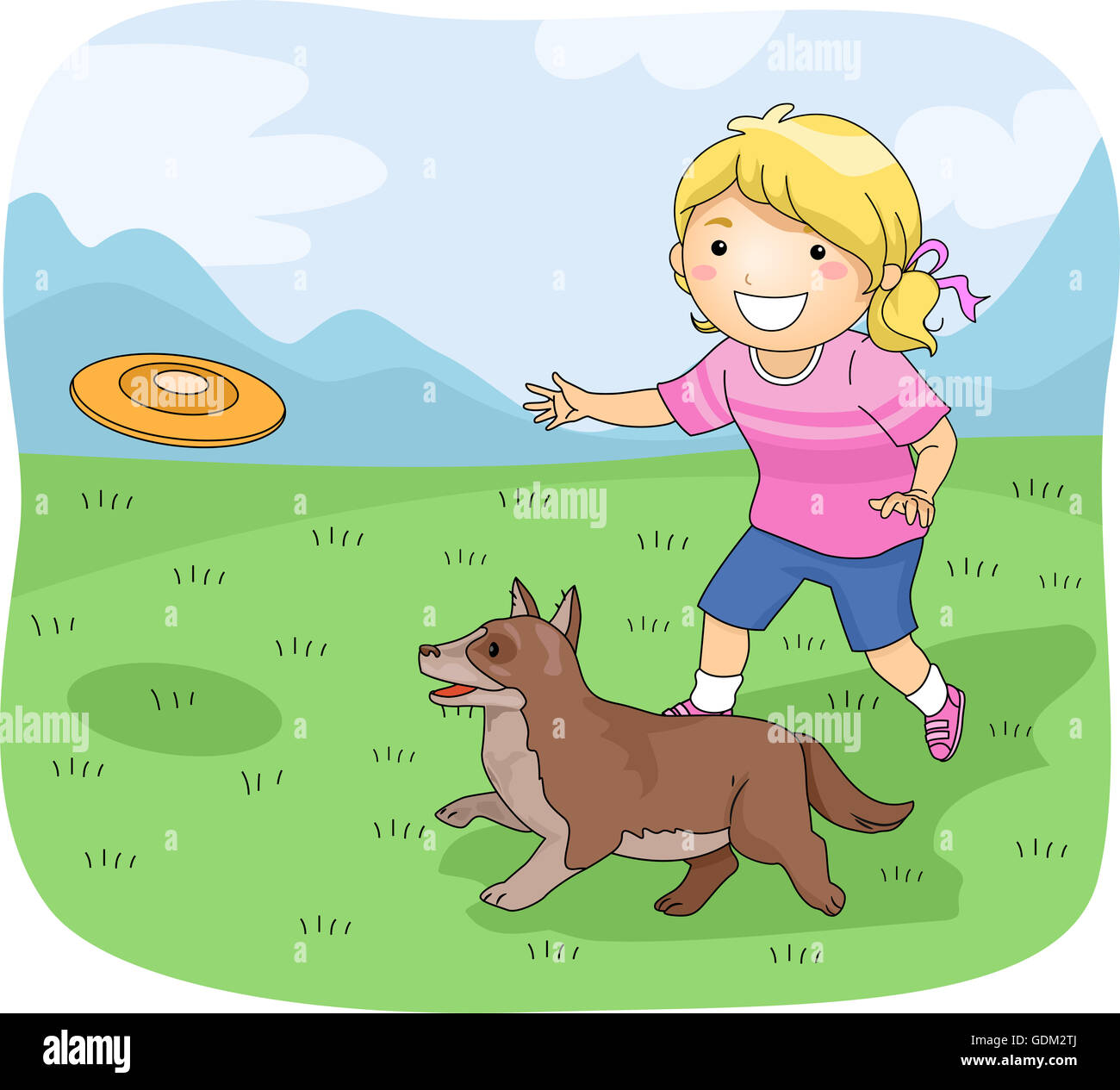 Illustrazione di una bambina gioca Frisbee con il suo cane Foto stock -  Alamy