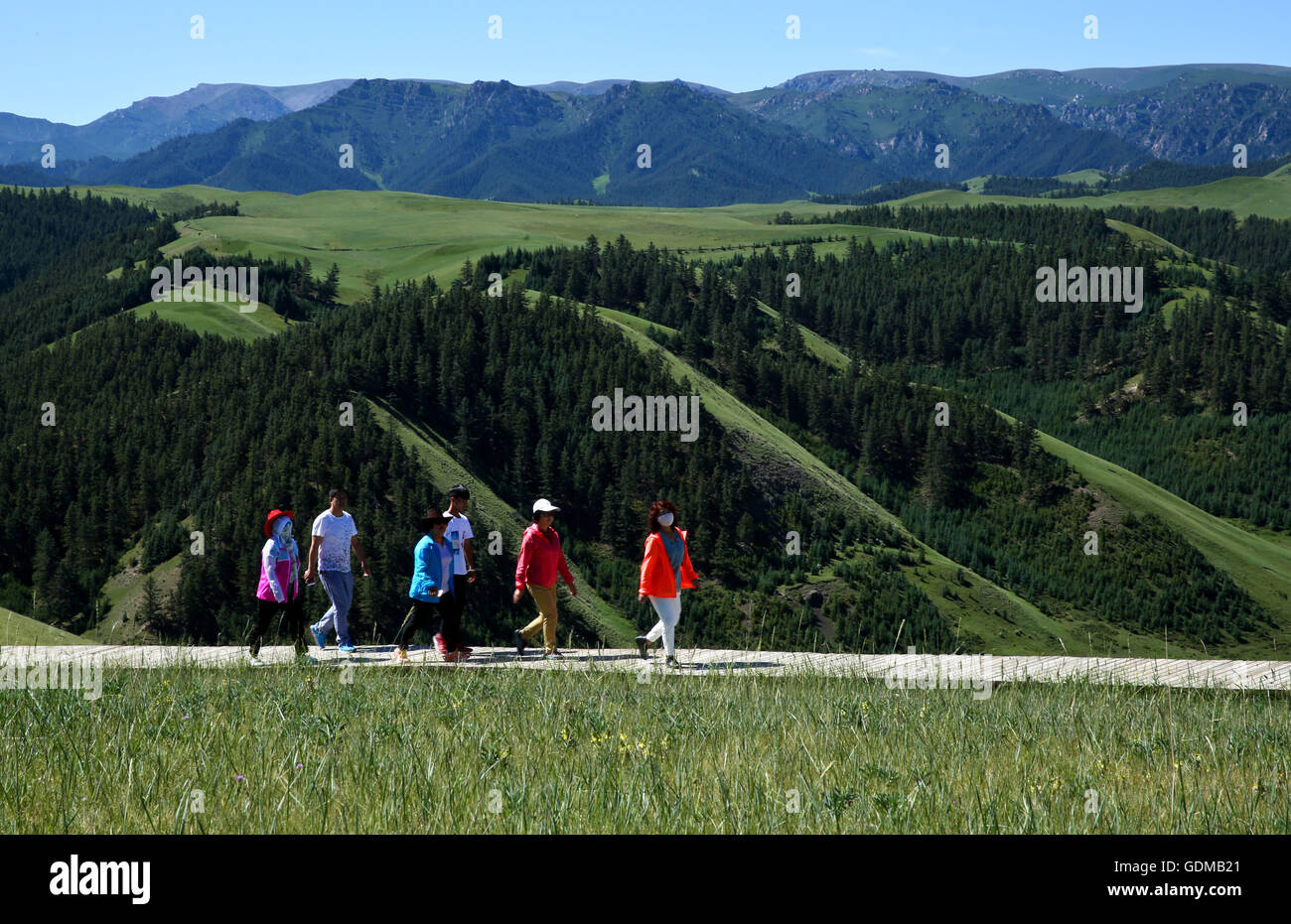 Zhangye. 19 Luglio, 2016. Turisti visitano Kangle pascoli nelle Sunan Yugur contea autonoma della Cina nord-occidentale della provincia di Gansu, luglio 19, 2016. I boschi e pascoli nelle praterie Kangle hanno concluso la stagione migliore per il turismo in estate. Credito: Wang Jiang/Xinhua/Alamy Live News Foto Stock