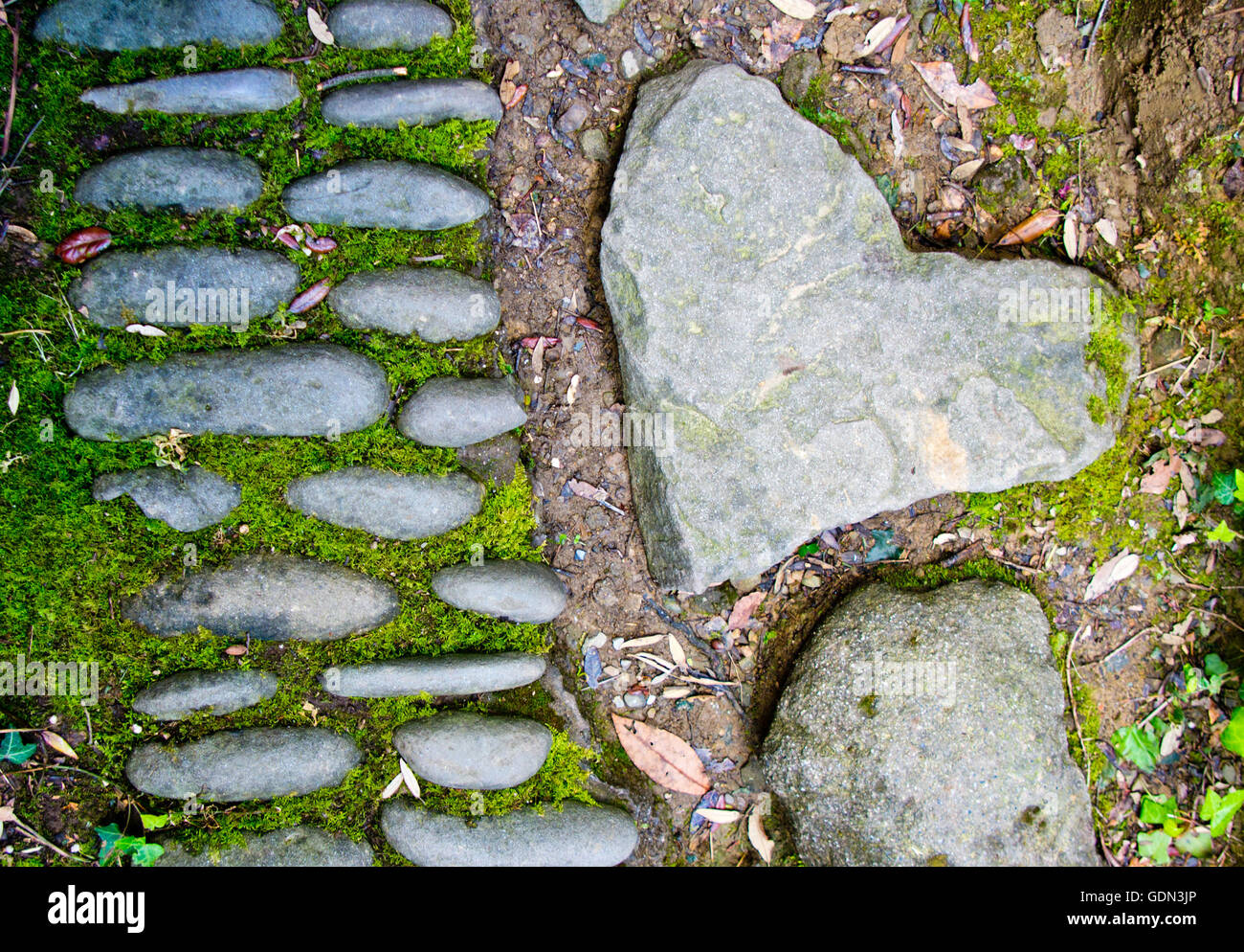 Di pietra a forma di cuore è per sempre nel bosco sul lato di un percorso formato da vecchie pietre coperte di muschio Foto Stock