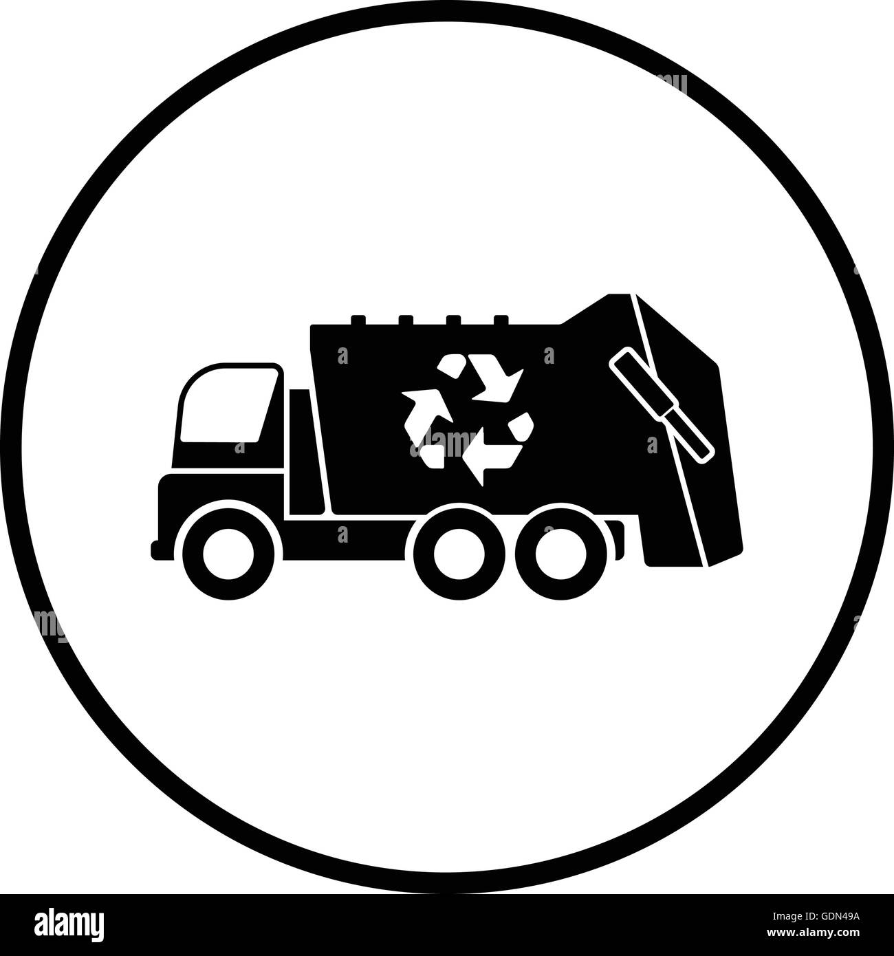 Garbage auto con icona di riciclo. Cerchio sottile design. Illustrazione Vettoriale. Illustrazione Vettoriale