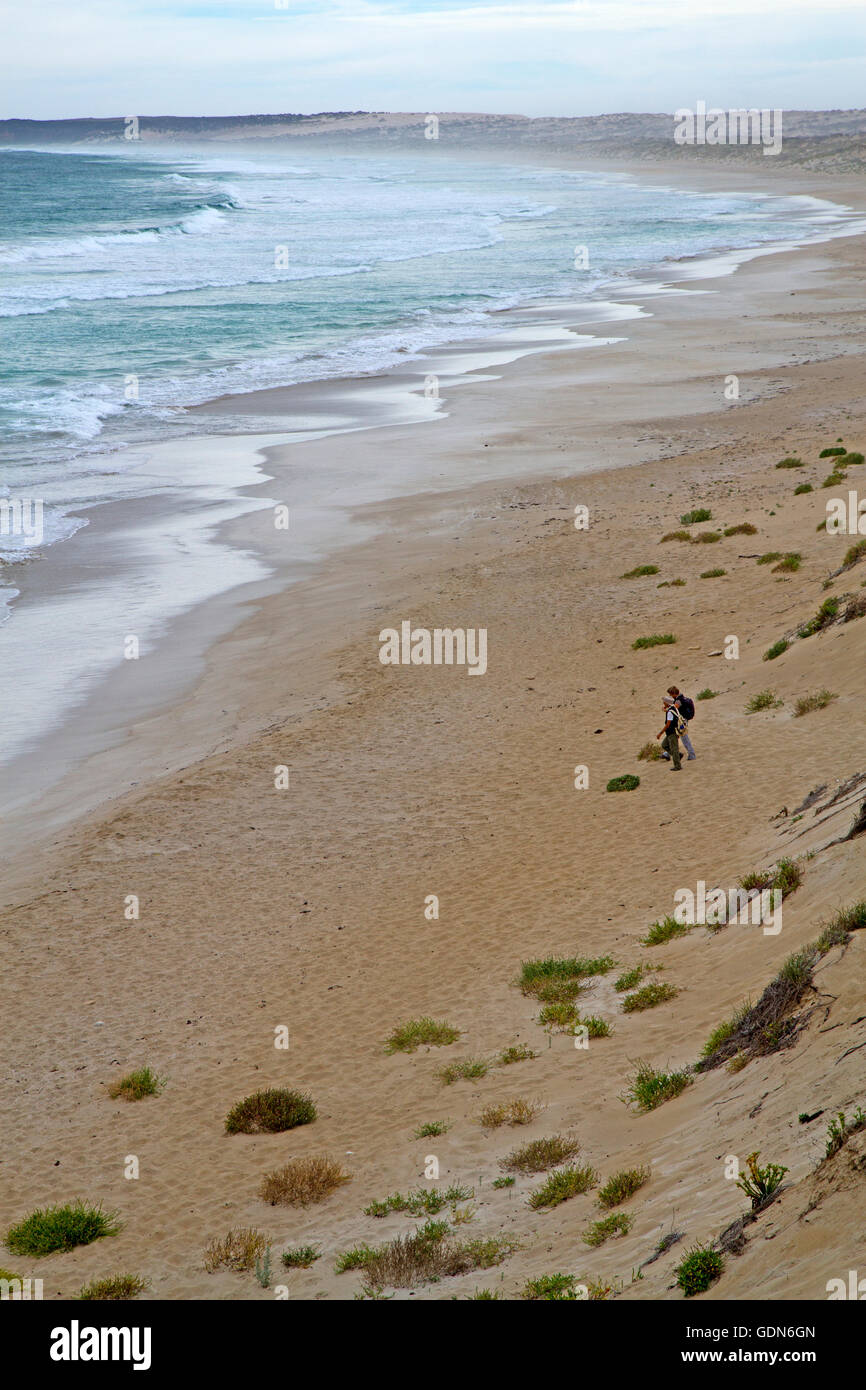 Walkers sul Formby Bay sulla penisola di Yorke Foto Stock