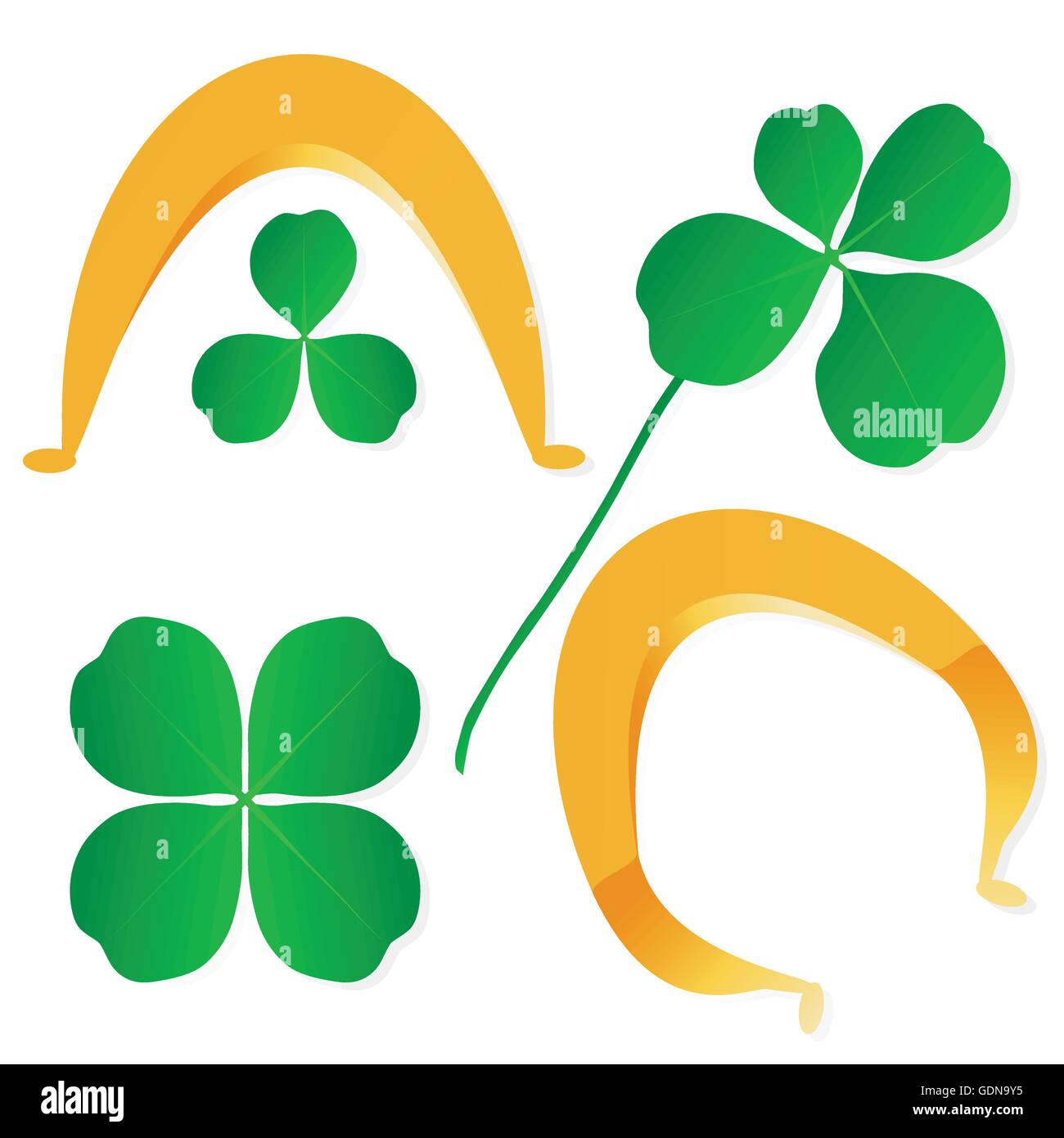 Quattro leaf clover shamrock fortuna vettore e oro a ferro di cavallo set di sfondo Illustrazione Vettoriale